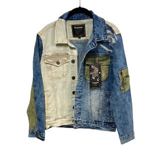 Reason Men's Color-Block Denim‎ Jacket, Small, Distressed, Graphics, New w Tags